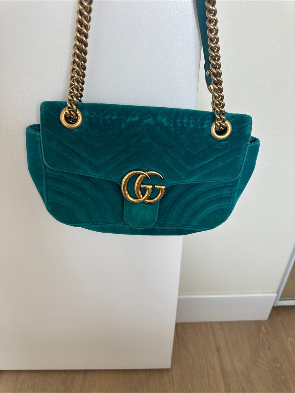 Mormont Gucci Teal Velvet Double G Chain Shoulder Bag